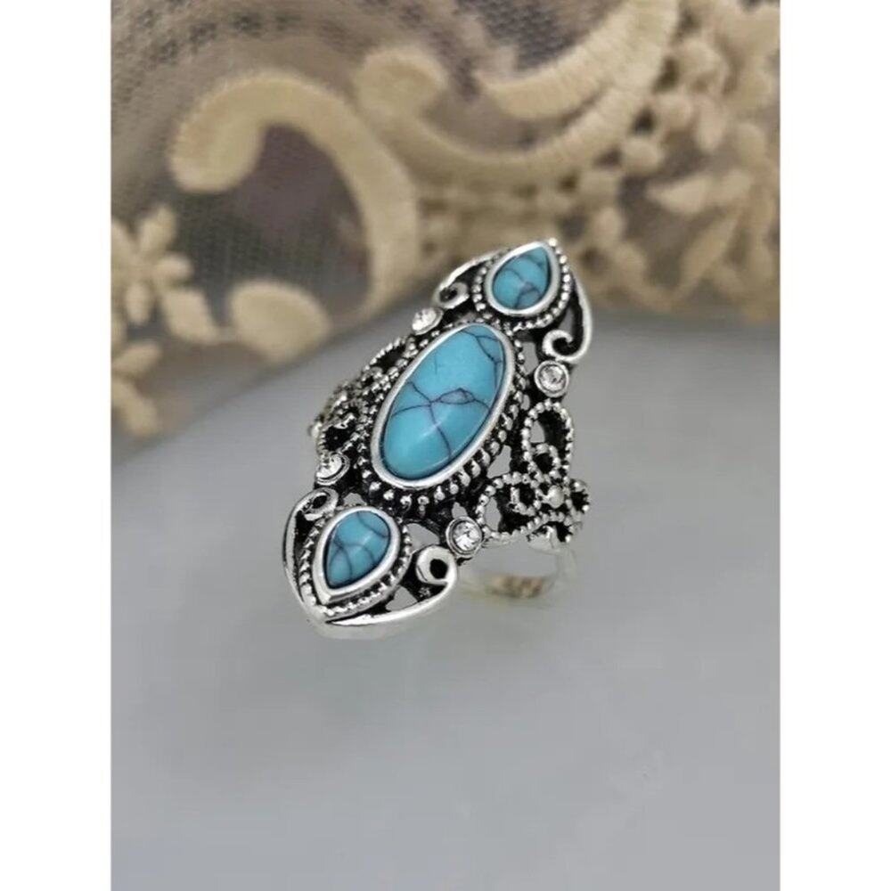 Boho Vintage Style Turquoise Stone Carved Fashion Ring Size 8 Silver Blue A0135 - Picture 7 of 15